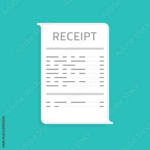 Receipt icon in a flat style isolated on a colored background. Invoice sign. Bill atm template or restaurant paper financial check. Concept Paper receipts icons.