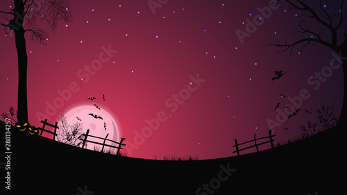 Halloween background, full pink moon, starry sky, clear field with fence, grass, trees, bats and a witch on a broom. Halloween background for your arts
