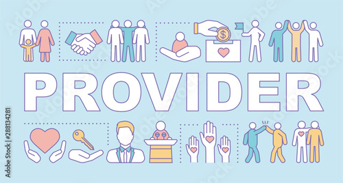 Provider word concepts banner. Healthcare. Treatment services, taking care of patient. Presentation, website. Isolated lettering typography idea with linear icons. Vector outline illustration