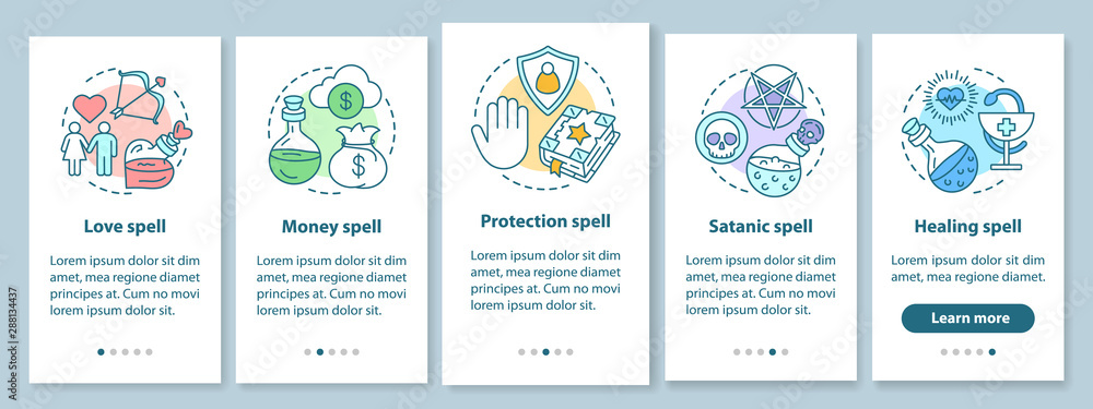 Spells onboarding mobile app page screen with linear concepts. Love, healing, satanic magic walkthrough steps graphic instructions. Witchcraft UX, UI, GUI vector template with illustrations