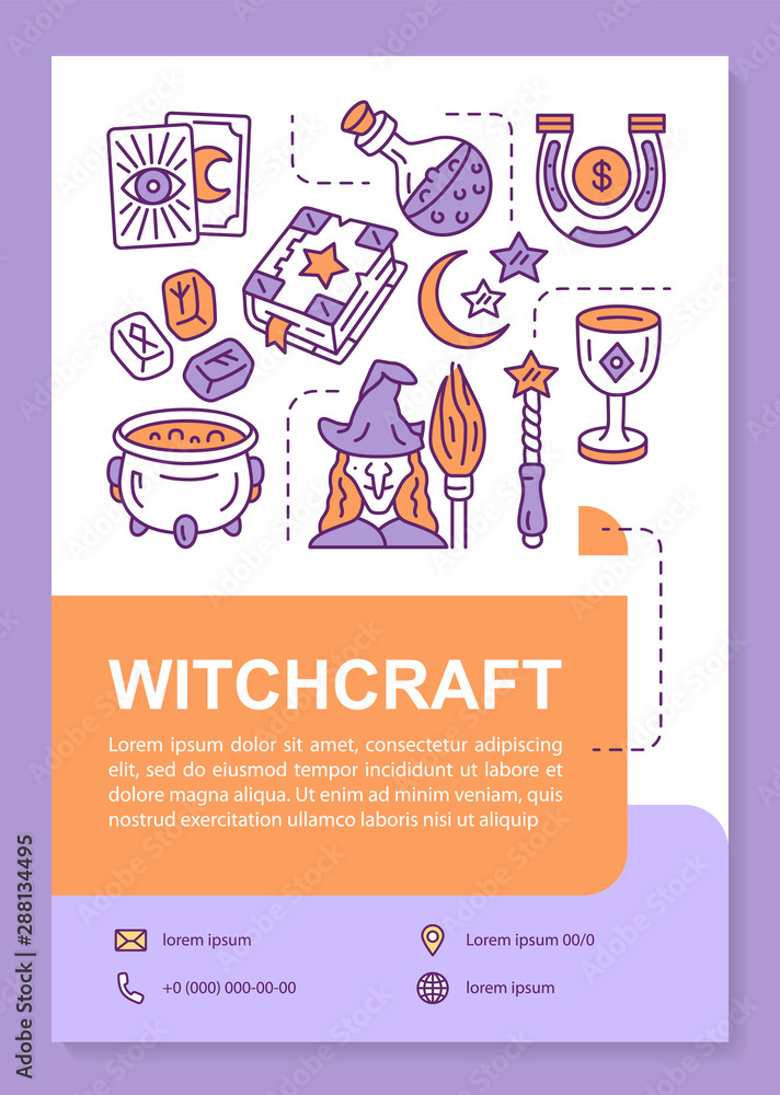 Witchcraft poster template layout. Banner, booklet, leaflet print design with linear icons. Witch potion, magic wand and spellbook. Vector brochure page layouts for magazines, advertising flyers Witchcraft poster template layout. Banner, booklet, leaflet print design with linear icons. Witch potion, magic wand and spellbook. Vector brochure page layouts for magazines, advertising flyers