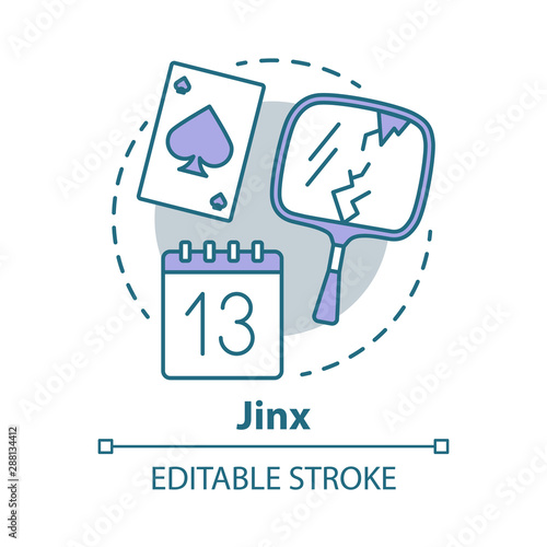 Jinx concept icon. Magic and superstition idea thin line illustration. Bad luck, misfortune omen. Broken mirror, friday 13th and spades card vector isolated outline drawing. Editable stroke