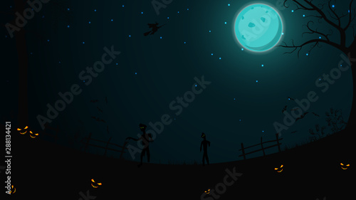 Halloween background, dark night, full blue moon, starry sky, clear field with fence, grass, trees, bats, zombie and a witch on a broom. Halloween background for your arts