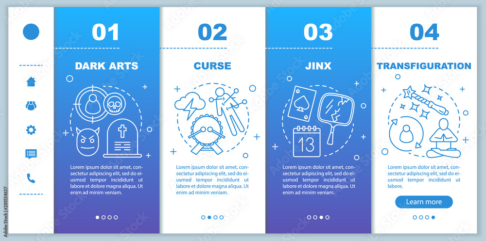 Dark magic onboarding mobile web pages vector template. Curse, jinx responsive smartphone website interface idea with linear illustrations. Webpage walkthrough step screens. Color concept