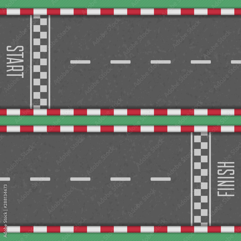 Fototapeta premium Start and finish line racing background. Finish, start line kart race track in top view. Grunge textured on the asphalt road. Art design. Vector illustration in realistic style. EPS 10.
