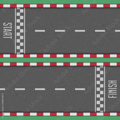 Start and finish line racing background. Finish, start line kart race track in top view. Grunge textured on the asphalt road. Art design. Vector illustration in realistic style. EPS 10.