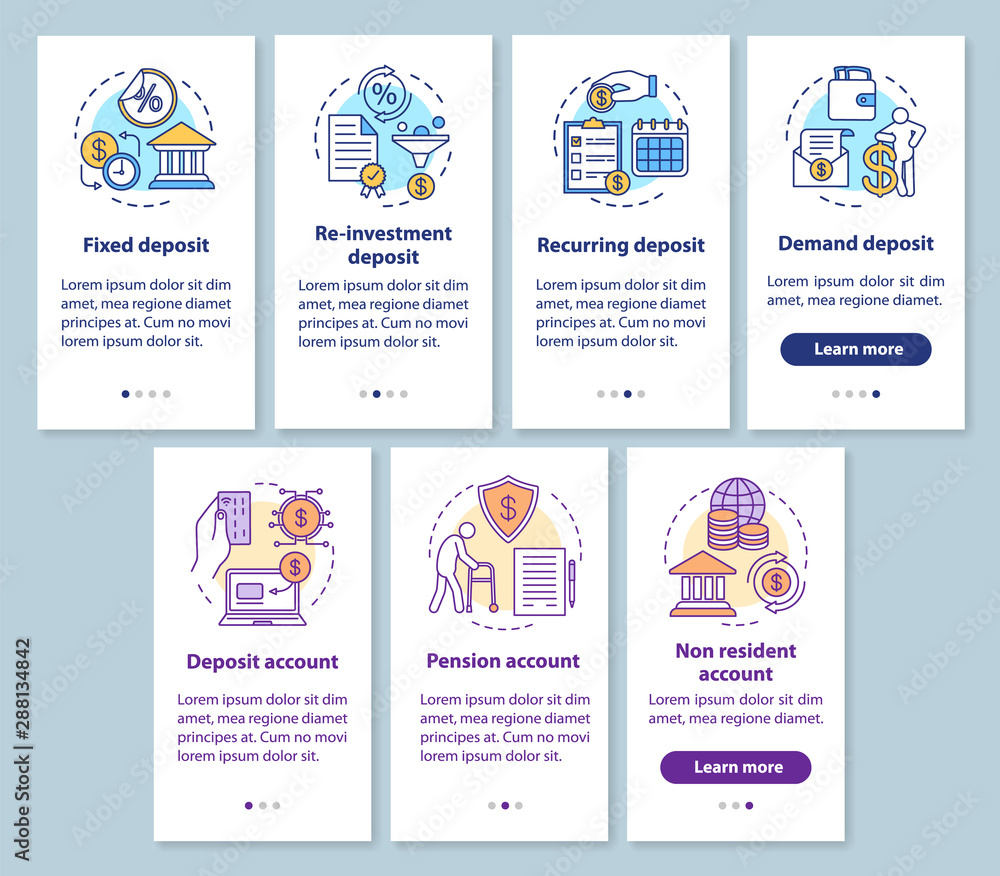 Savings, deposit investment onboarding mobile app page screen with linear concepts. Different deposit types. Walkthrough steps graphic instructions set. UX, UI, GUI vector template with illustrations
