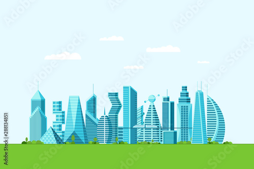 Detailed future eco city with different architecture buildings skyscrapers apartments and green trees. Futuristic multi-storey graphic cityscape town. Vector real estate construction illustration