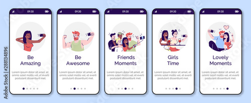 Selfie onboarding mobile app screen vector template. Taking bright self photo on smartphone. Walkthrough website steps with flat characters. UX, UI, GUI smartphone cartoon interface concept