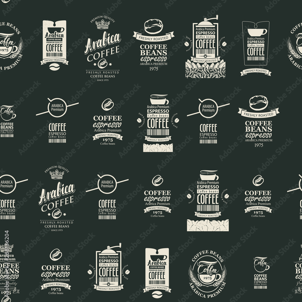 Vector seamless pattern on coffee and coffee house theme with various labels in retro style on the black background. Suitable for wallpaper, wrapping paper, textile, fabric