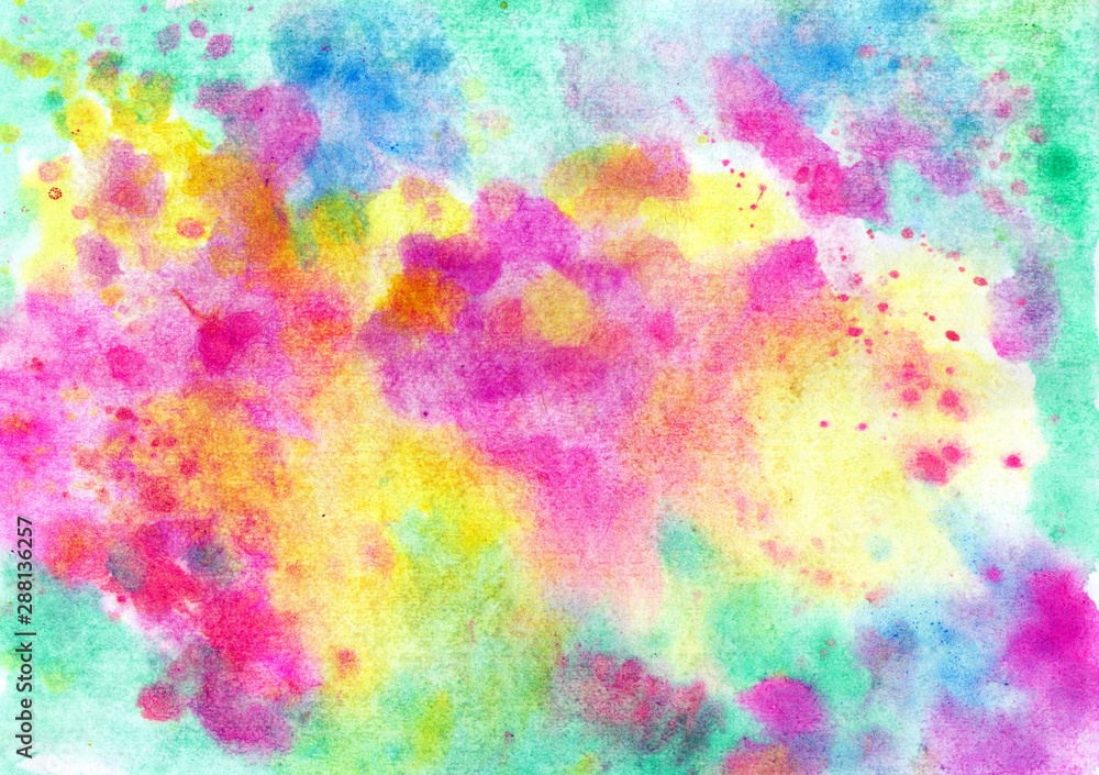 Beautiful abstract smudges of yellow pink, red blue and green colors in hand painted watercolor background design