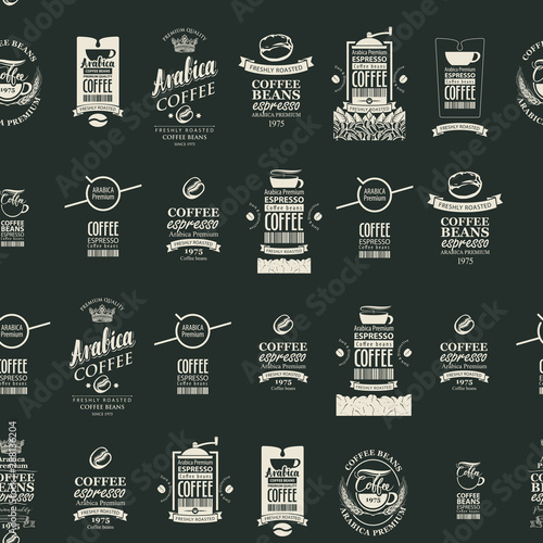 Vector seamless pattern on coffee and coffee house theme with various labels in retro style on the black background. Suitable for wallpaper, wrapping paper, textile, fabric