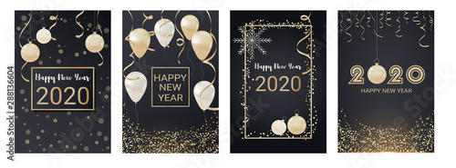 Set Happy New Year 2020 winter holiday greeting card design template. Party poster, banner or invitation gold glittering ball confetti glitter decoration. Vector background 
