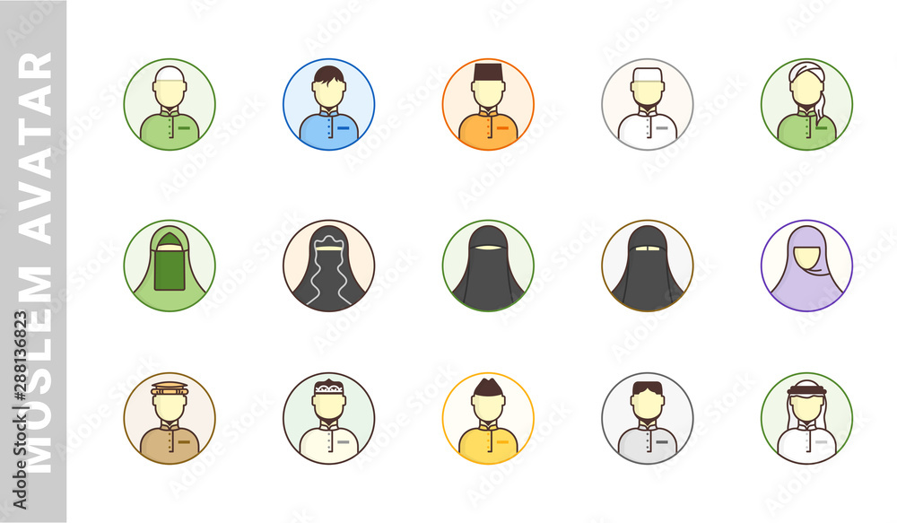 moslem avatar icon set. Outline Style. each made in 64x64 pixel