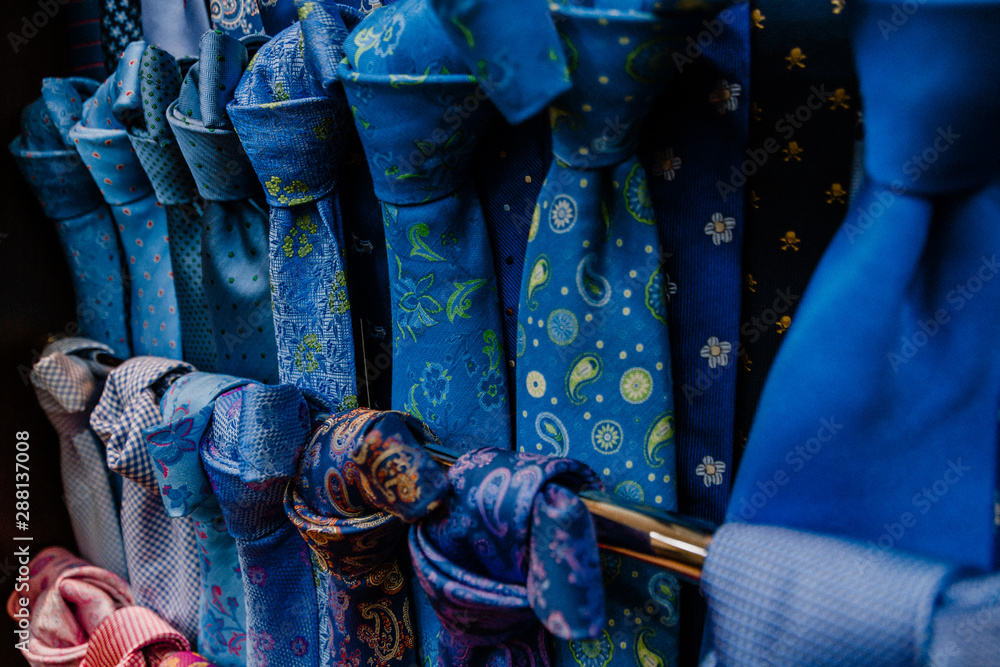 Close-up of a colorfully neck ties exhibitor
