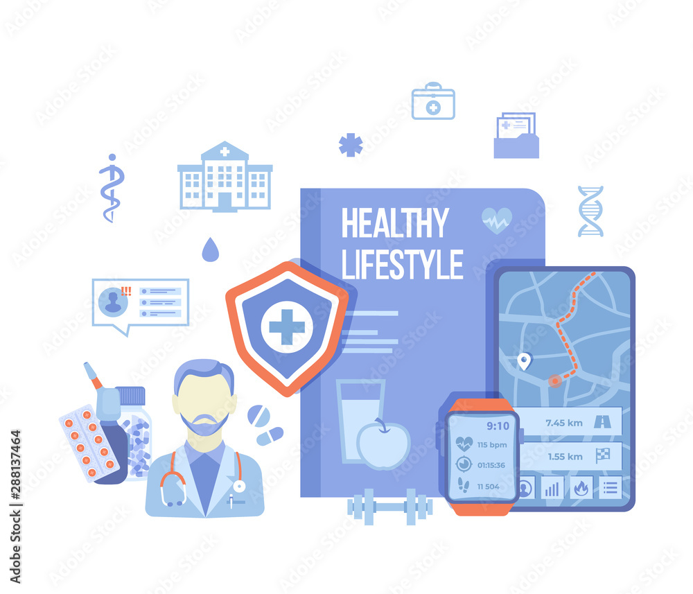 Healthcare, Monitoring, Natural life, Healthy lifestyle concepts. Medical help, physical activity, diet, fitness, and nutrition icons. Vector illustration on white background. 