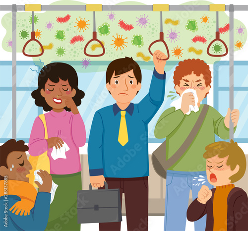 Worried man standing in a crowded subway train full of sick people and germs