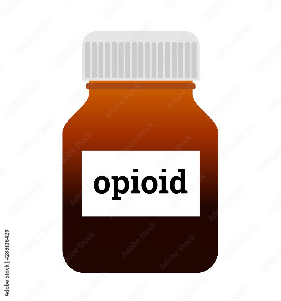Obraz premium Opioid - medicine, medicament and drug to prevent painful pain and ache. Bottle and jar with pharmaceutical substance. Vector illustration.