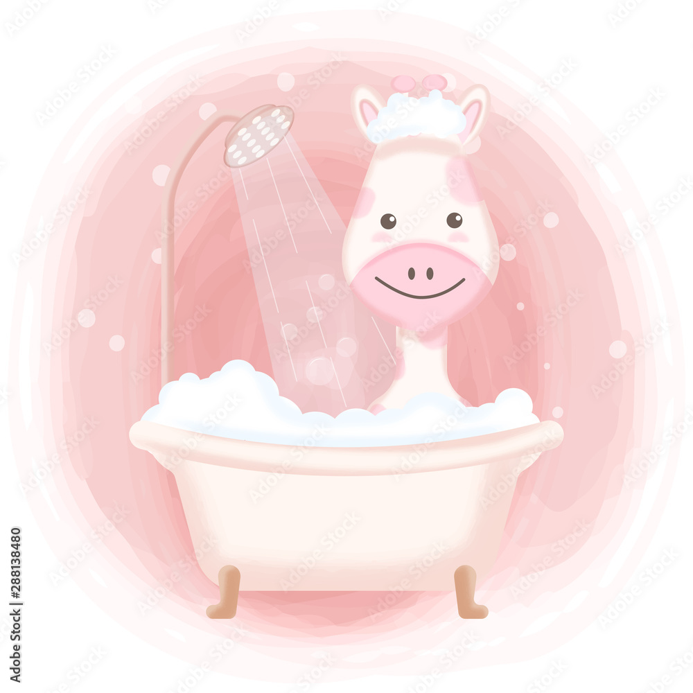Obraz Cute giraffe in bathtub and bubble hand drawn cartoon illustration