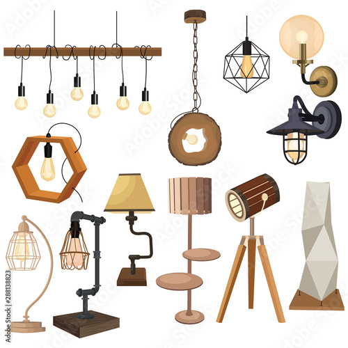 Set of lamps in the loft style. Collection of lamps. Flat illustrations of modern fixtures. Elements for interior design.