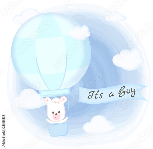 Cute bear floating on hot air balloon hand drawn cartoon illustration