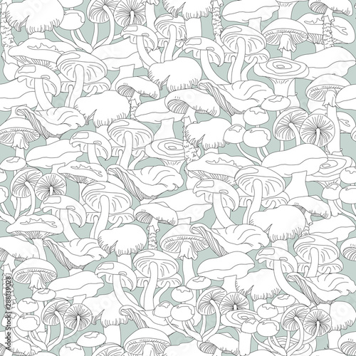Seamless light mushroom patern. Contour mushrooms on a delicate background. Endless ornament for fabric, tiles.