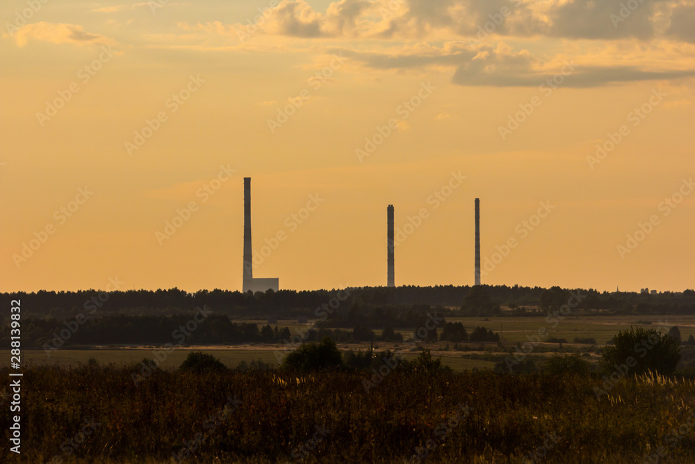 high pipes of Kostroma GRES at sunset