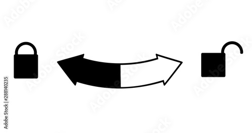 Sign open close and a semicircular arrow between the locks. Open unlocked lock on the left. Right closed. Vector icon for web, bottles with caps.