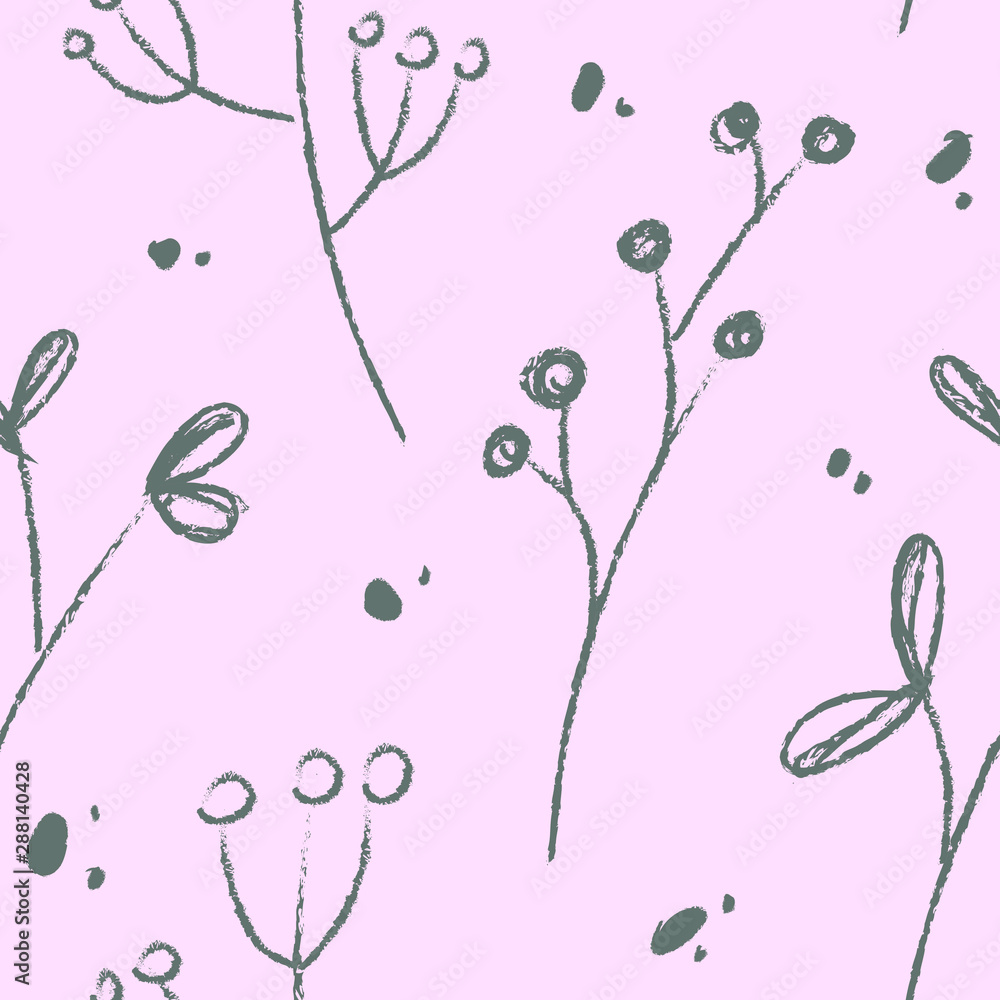 Vector autumn cute grey twigs pattern in minimalistic nordic style. Pencil outline. Drawn by hand on pink background.