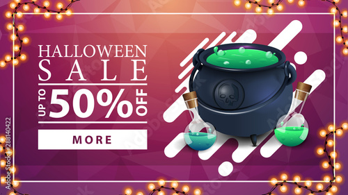 Halloween sale, up to 50% off, pink banner with polygonal texture on the background and witch's cauldron with potion