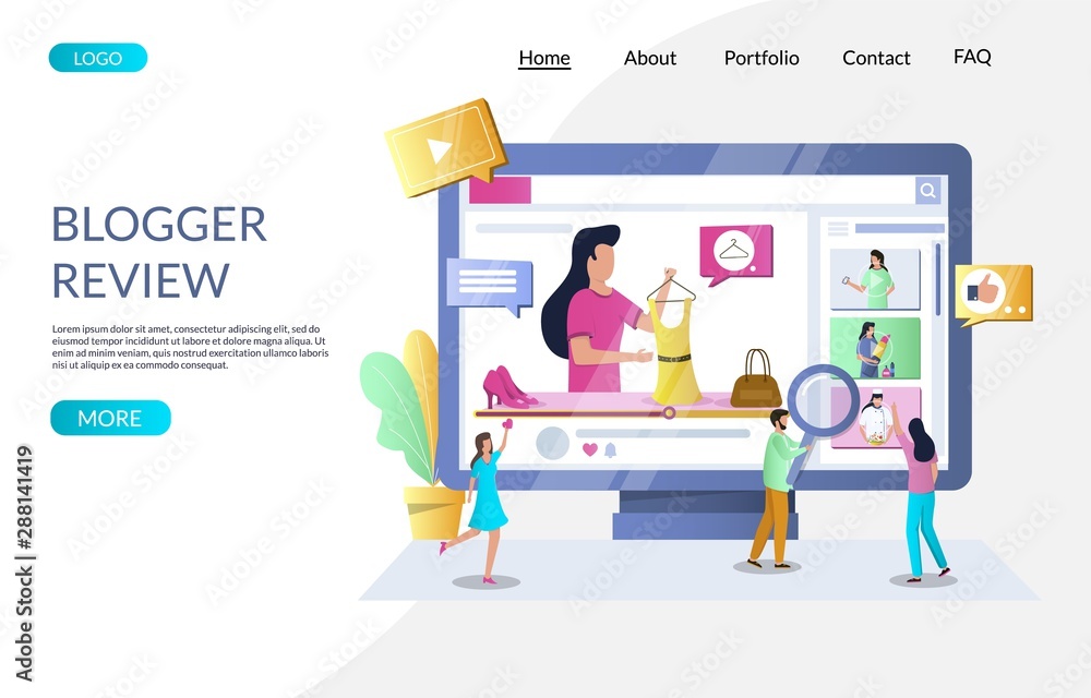 Blogger review vector website landing page design template Blogger review vector website landing page design template