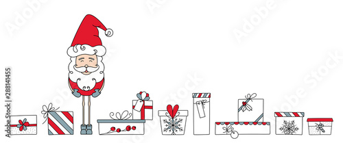 Hand drawn Christmas gift set illustration with Santa Claus and bows, labels, barries and candies