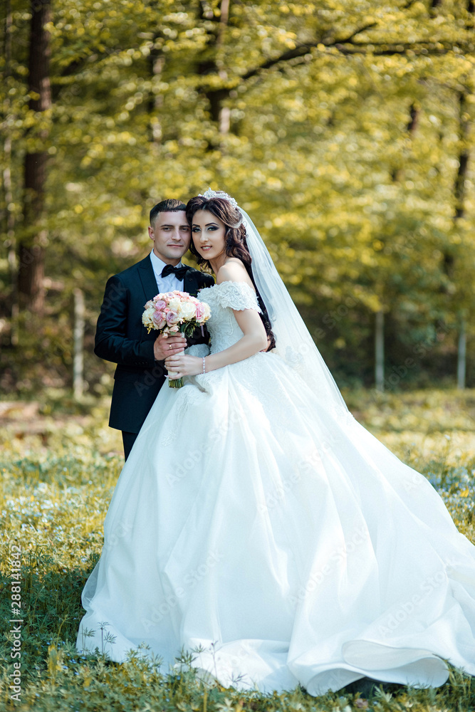 Elegant bride and groom posing together outdoors on a wedding day. Newlywed couple with roses bouquet posing and kissing. Happy newlyweds posing in the park on their wedding day. 