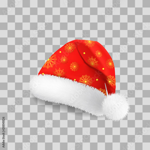 Santa Claus red hat decorated with golden snowflakes, detail of a New Year's costume, Christmas decoration.