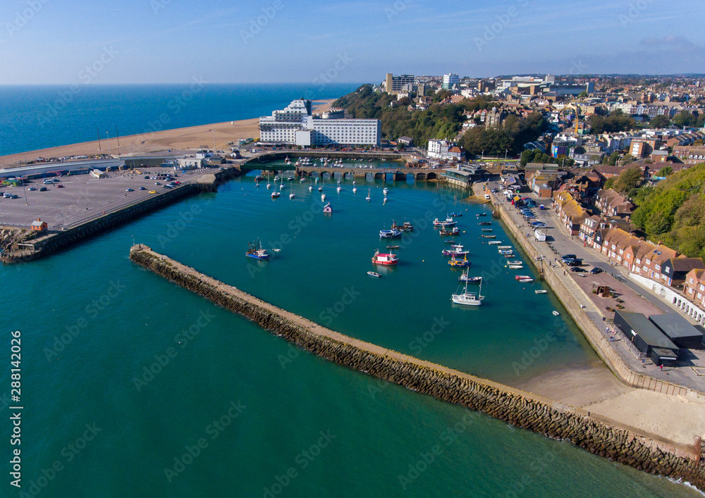 Aerial View of Folkestone Harbour, Kent taken by UAV, drone, on a sunny winters day.
