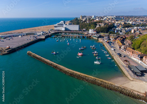 Aerial View of Folkestone Harbour, Kent taken by UAV, drone, on a sunny winters day.