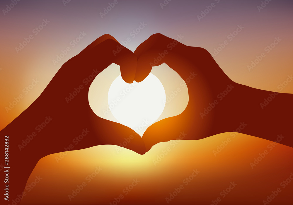 Concept De La Declaration D Amour Avec Deux Mains Qui Forment Un Cœur Devant Un Coucher De Soleil Stock Vector Adobe Stock