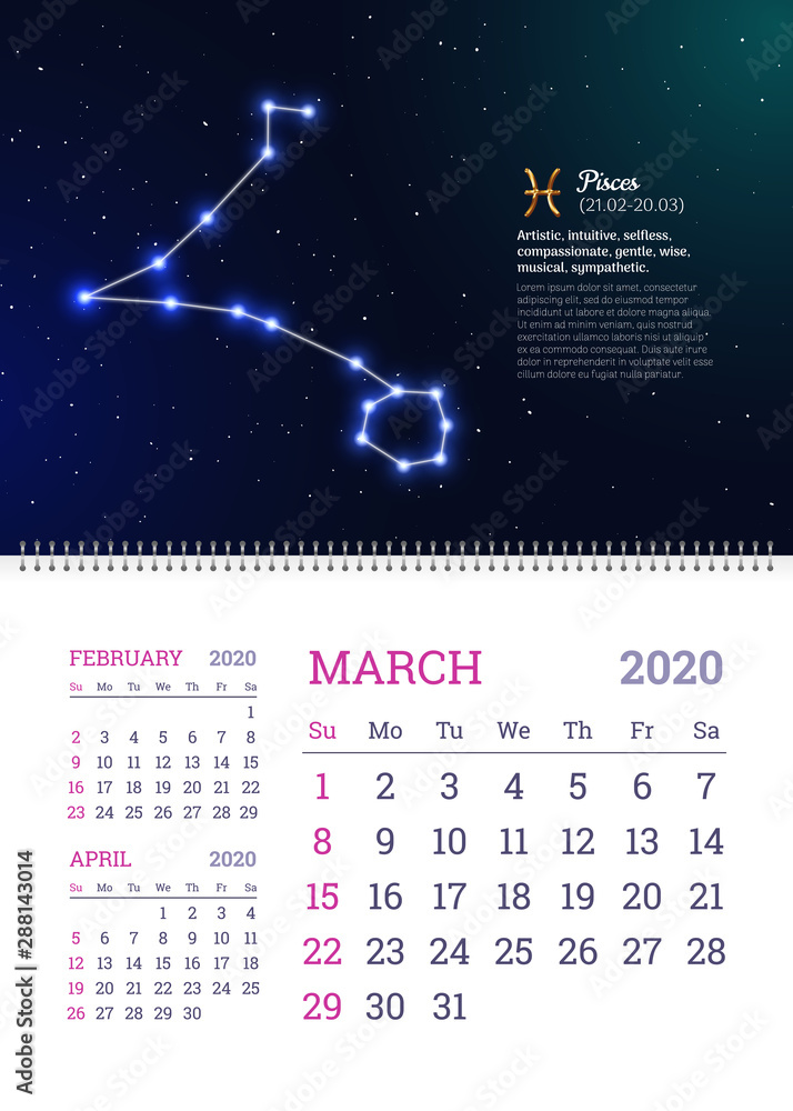 Wall calendar for March 2020 year with pisces zodiac constellation. Pisces  star sign and dates of birth on deep space background. Astrology horoscope  with unique personality traits vector illustration Stock Vector