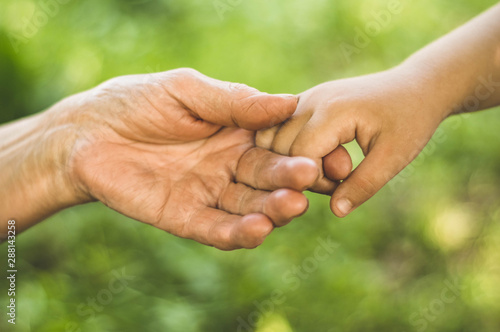 Childs hand and old hand grandmother. Concept idea of love family protecting children and elderly people grandmother friendship togetherness relationship Two generation. © Анастасія Стягайло