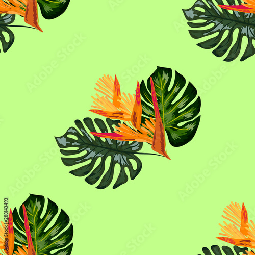 Summer jungle pattern with tropical flowers heliconia or lobster-claw background.