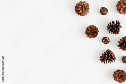 Pine cones on a white table. Flat lay with blank copy space.