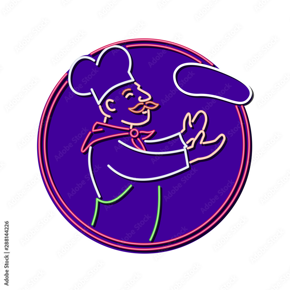 Retro style illustration showing a 1990s neon sign light signage lighting of a baker, cook or pizza chef tossing dough in circle on isolated background. Retro style illustration showing a 1990s neon sign light signage lighting of a baker, cook or pizza chef tossing dough in circle on isolated background.