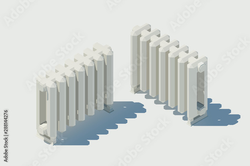 Vector isometric cast iron radiator. Low poly illustration.