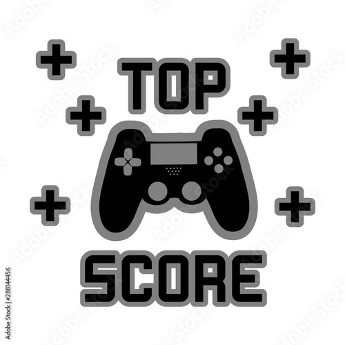 Top Score text, with contoller and plus sign, on white background.