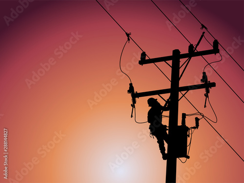 The power lineman use clamp stick (insulated tool) to closing a transformer on energized high-voltage electric power lines. The power lineman must be trained because it is a risky job.