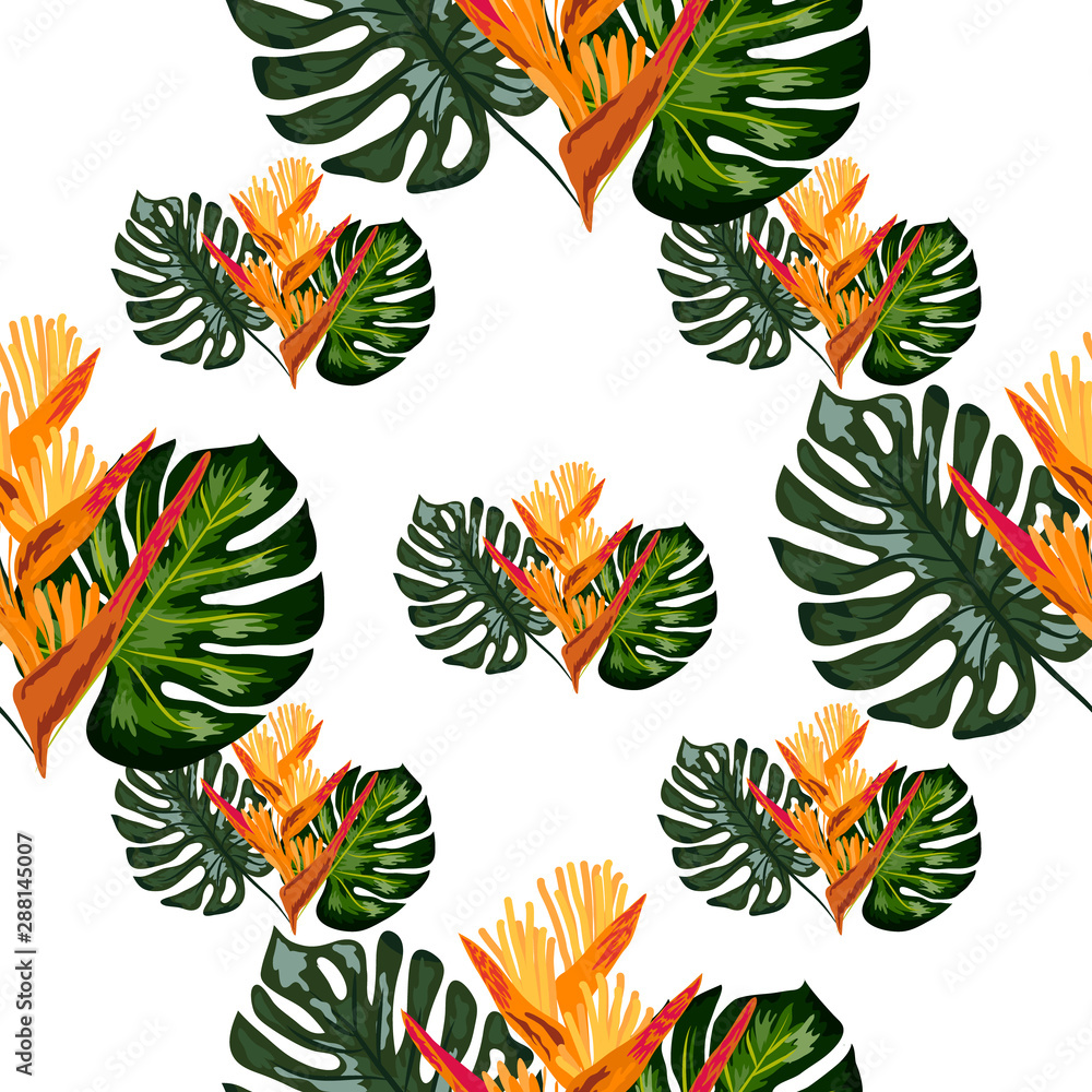 Summer jungle pattern with tropical flowers heliconia or lobster-claw background. Summer jungle pattern with tropical flowers heliconia or lobster-claw background.