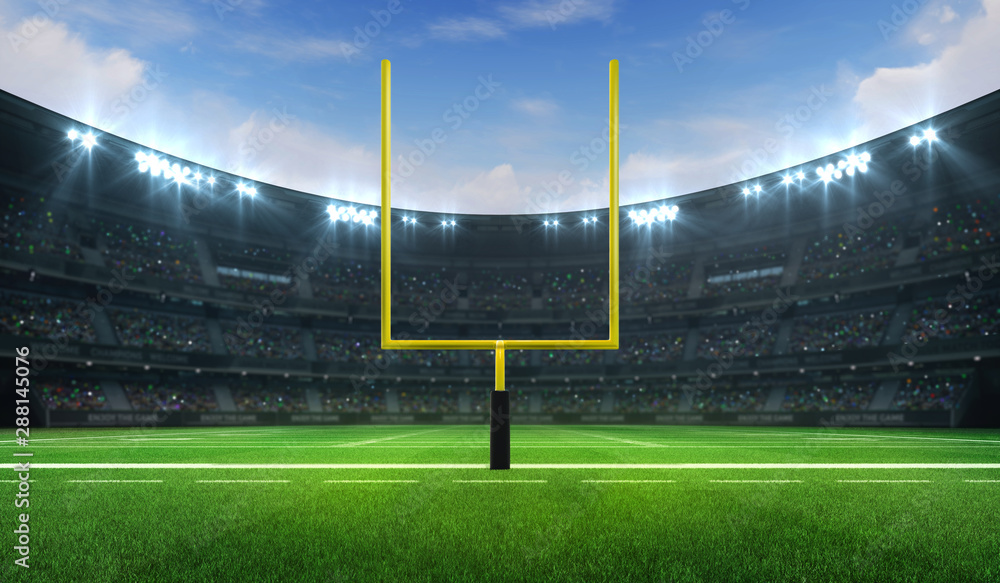 American football league stadium with yellow goalpost front and fans, frontal field view, sport building 3D professional background illustration - obrazy, fototapety, plakaty 