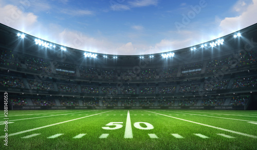 American football league stadium with white lines and fans, daytime side field view, sport building 3D professional background illustration