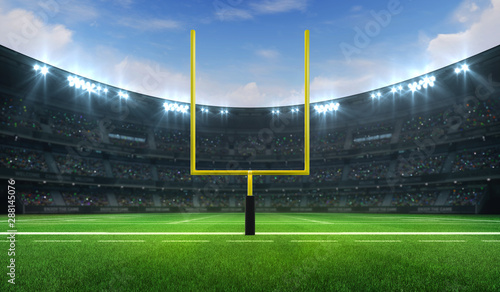 American football league stadium with yellow goalpost front and fans, frontal field view, sport building 3D professional background illustration photo
