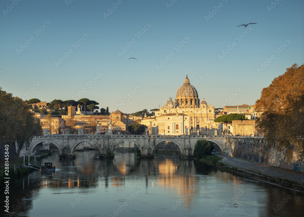 Tiber and St Peter Basilica in Vatican, sunrise time